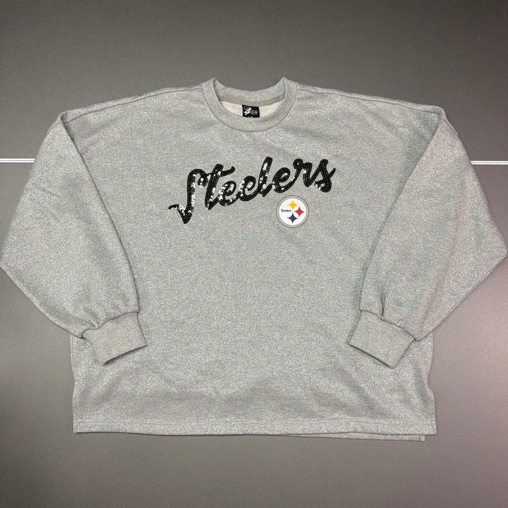 Pittsburgh Steelers Women's‎ Large Gray/Black Glitter Crewencek Sweater